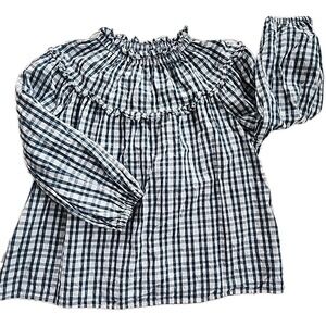 Universal Threads Blouse Teal White Gingham Check Ruffle Long Sleeve High Neck M